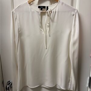Theory Cream Long-Sleeve Tie-Neck Blouse